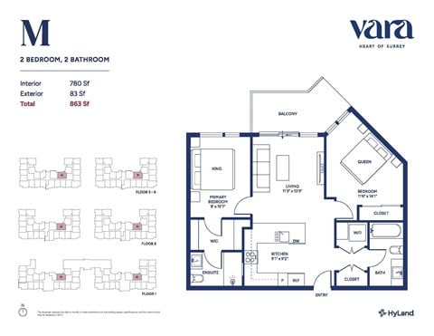 Floor plan for 2 beds, 2 baths, 780 sqft